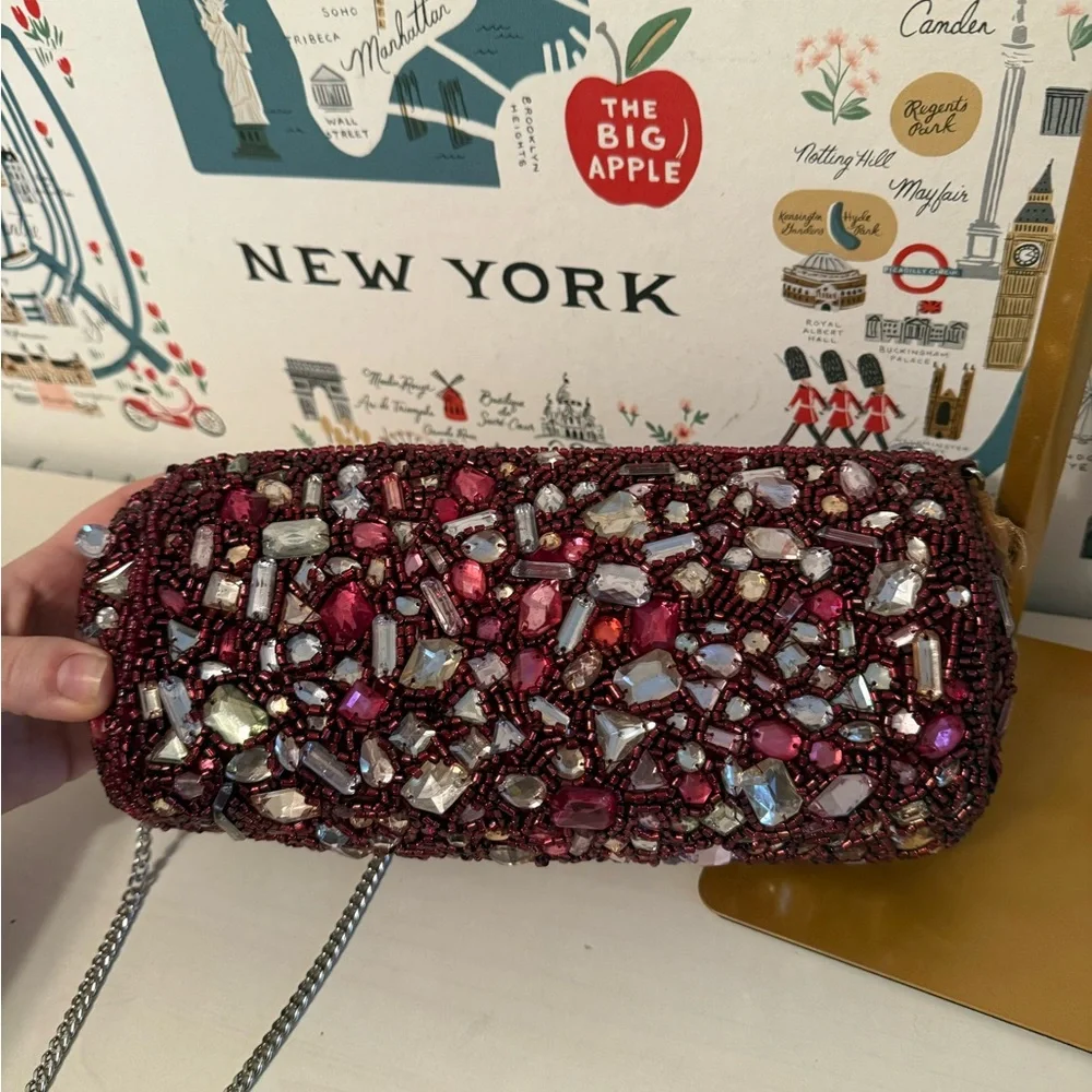 From India To You Beaded Cylinder Clutch Bag Burgundy Crystal Evening Crossbody - Picture 2 of 6